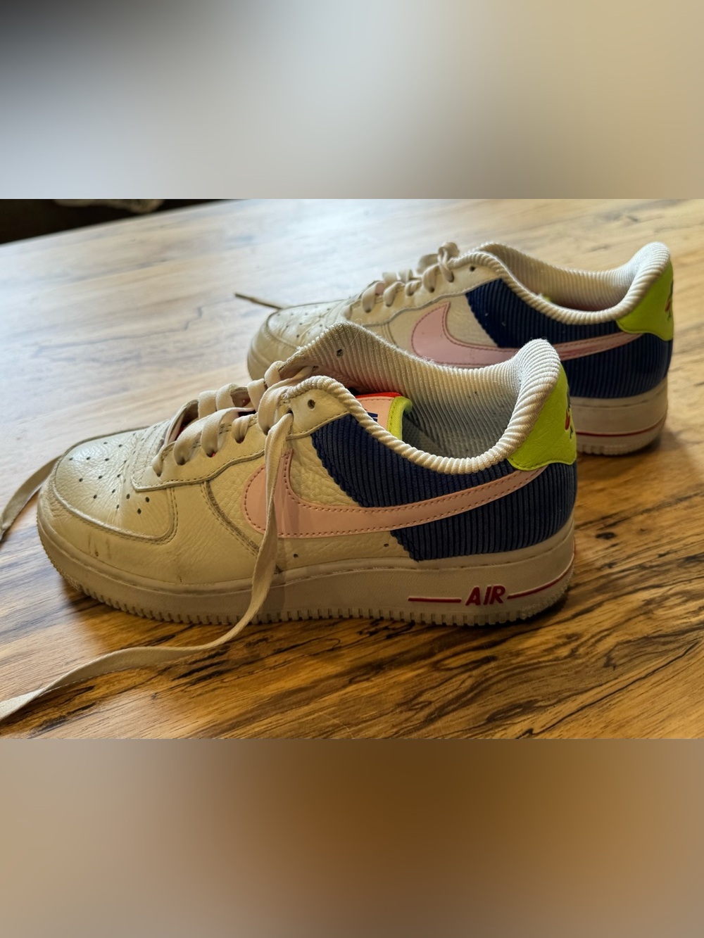 Nike Air Force 1 Corduroy in White with Pink, Blue & Neon Green Accents 7.5